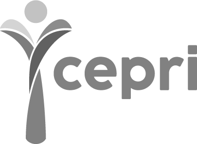 Logo featuring a stylized gray person with raised arms beside the letters 'cepr' in gray.