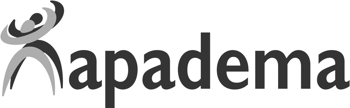 Logo featuring an abstract gray and black human figure with arms raised next to the word 'apadema' in bold letters, forming a company branding mark.